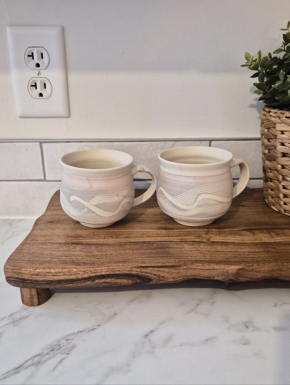 Handcrafted Ceramic Wave Mugs - Soft Pink and Cream